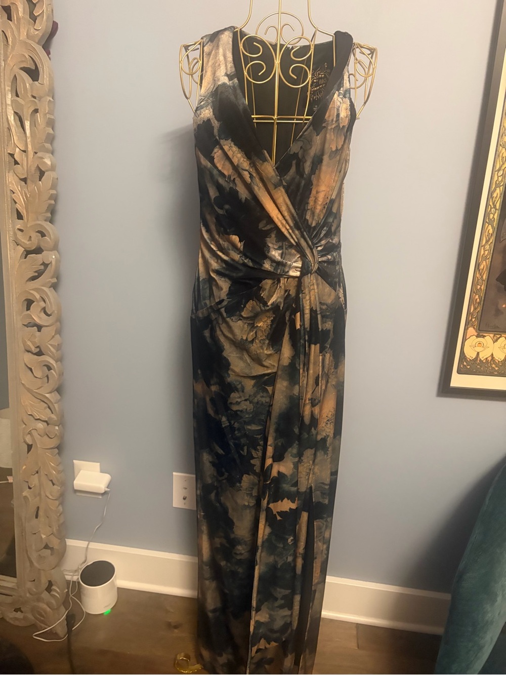 Johnny Was Metallic Black & Gold Draped V-Neck Evening Dress